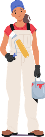 Woman Construction Worker Standing With Paint Bucket In Hand  Illustration