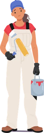 Woman Construction Worker Standing With Paint Bucket In Hand  Illustration