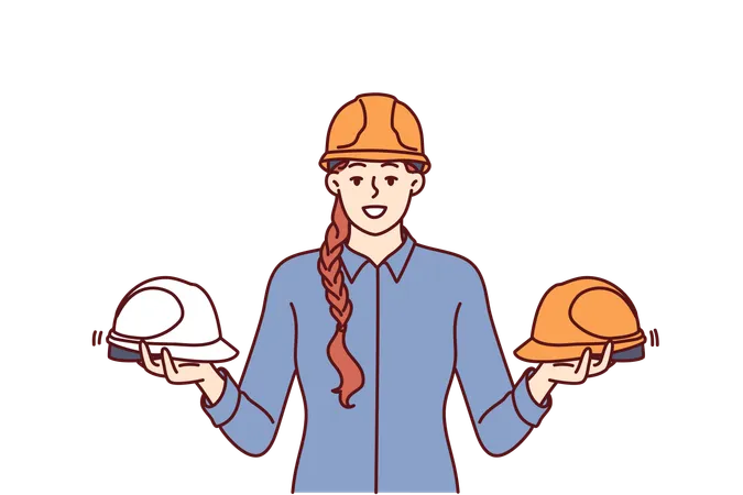 Woman Foreman Of Construction Company Holds Protective Helmets For Workers Urging Them To Observe Safety Precautions In Workplace Girl With Protective Helmets For Being In Factory Or Plant イラスト