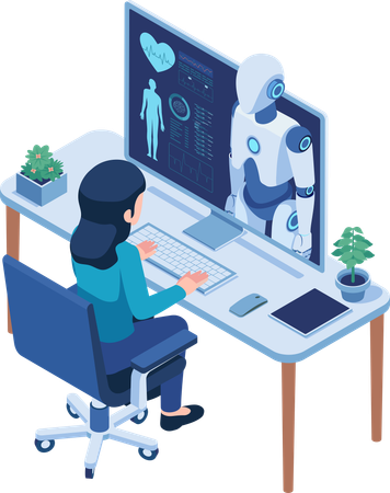 Woman Consult with an Advanced Healthcare AI Robot Online  Illustration