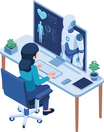 Woman Consult with an Advanced Healthcare AI Robot Online  Illustration