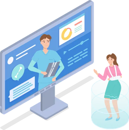 Isometric Computer Display With Website Woman Patient With Broken Hand In Gypsum Consulting With Sawbones Surgeon Through Online Medical Cabinet Concept Of Online Virtual Medicine At Distance Illustration