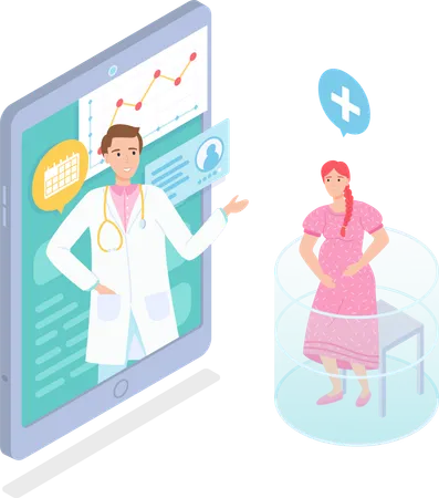 Isometric 3 D Illustration In Flat Style Pregnant Woman Ask Medical Help Consulting With Doctor Physician Gynecologist Using Medical App At Tablet Screen Concept Of Medical Online Consultation Illustration