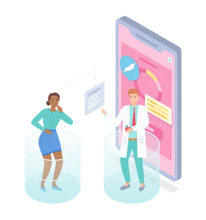 Isometric Smartphone With Mobile App Woman Patient Have Pain In Stomach Ulcer Gastritis Consulting With Nutritionist Through Online Medical Cabinet Concept Of Online Medicine At Distance Illustration
