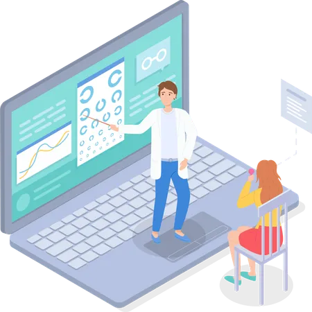 Isometric Illustration In Flat Style Patient Checking Vision In Virtual Medical Cabinet In Oculist With Laptop Ophthalmologist With Pointer Near Chart Eye Concept Of Online Medical Help At Distance Illustration