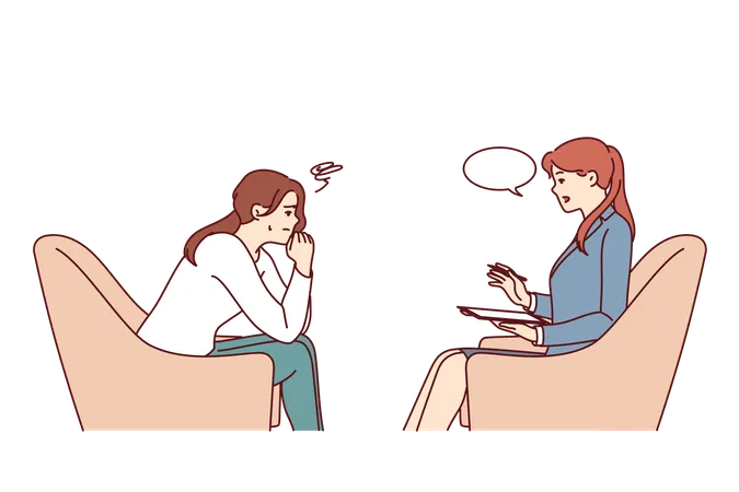 Woman Consults Psychologist To Get Rid Of Mental Problems Sits In Chair Opposite Psychotherapist Upset Girl With Depression Arising From Unsuccessful Romantic Relationship Visits Psychologist Illustration