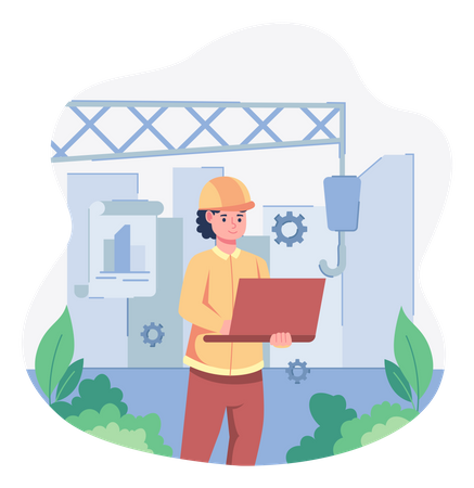 Woman contractor working on laptop  Illustration