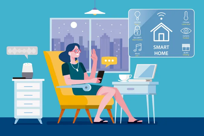 Woman controlled a Modern Smart Home by a smartphone Illustration