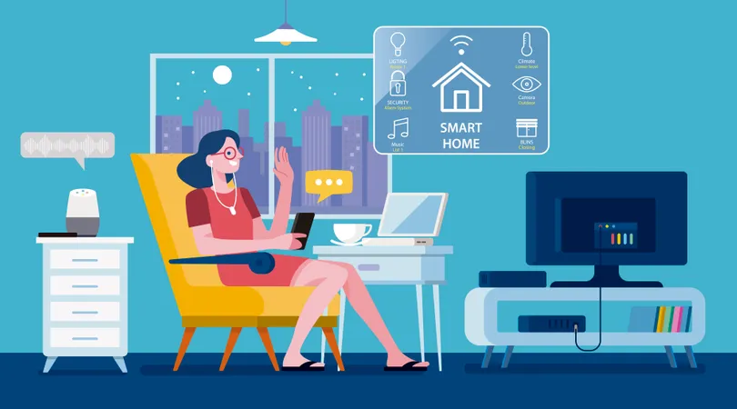 Woman controlled a Modern Smart Home by a smartphone  Illustration
