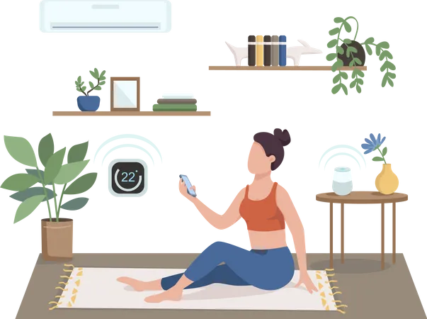 Woman Controlling Air Conditioning Flat Color Vector Faceless Character Girl Adjusting Thermostat For Workout Smart Climate Control Isolated Cartoon Illustration For Web Graphic Design And Animation イラスト