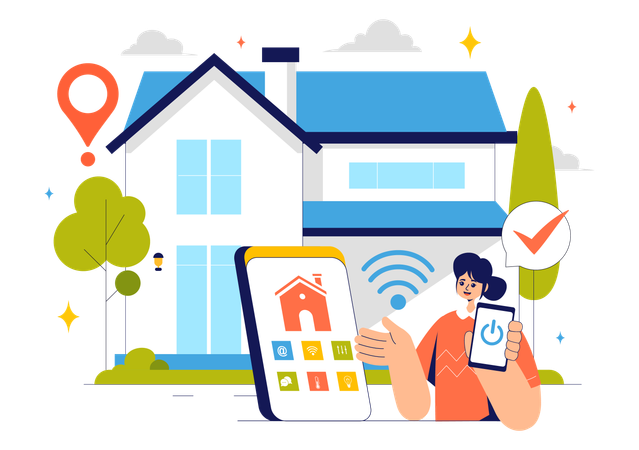 Woman controlling home via smart phone  Illustration