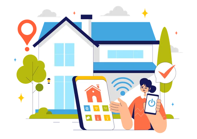 Woman controlling home via smart phone  Illustration