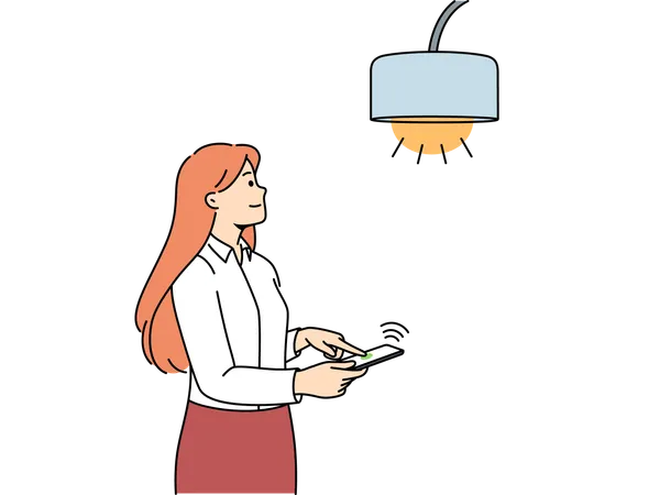 Woman controlling lamp through mobile phone with iot or smart home application to turn on light  イラスト