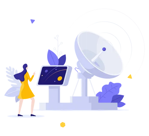 Woman Controlling Satellite Dish  Illustration