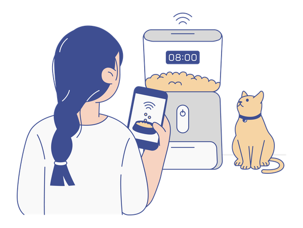 Woman Controlling Smart Pet Feeder with Smartphone for Automated Pet Care  Illustration