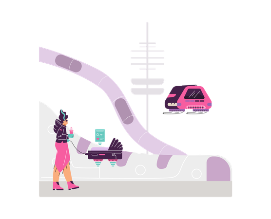 女性がバイタルサインを読み取るスマート空飛ぶベビーカーを操縦  イラスト