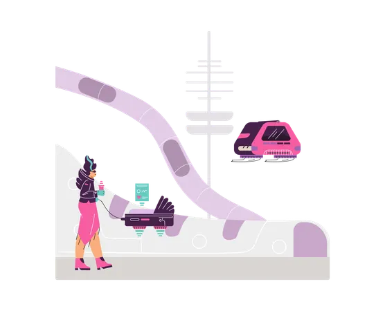 女性がバイタルサインを読み取るスマート空飛ぶベビーカーを操縦  イラスト