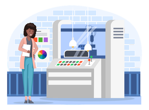 Woman controls industrial printer computer control panel  Illustration