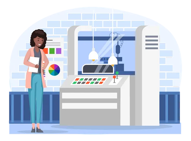 Woman controls industrial printer computer control panel  Illustration