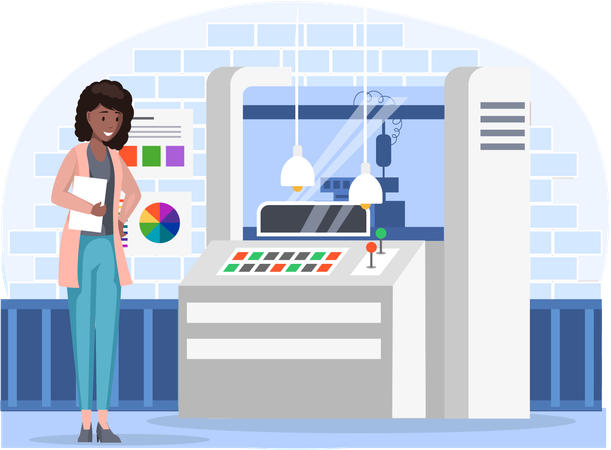 Woman controls industrial printer computer control panel near professional equipment for print house  Illustration