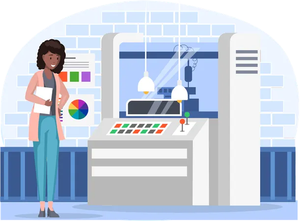 Woman controls industrial printer computer control panel near professional equipment for print house  Illustration