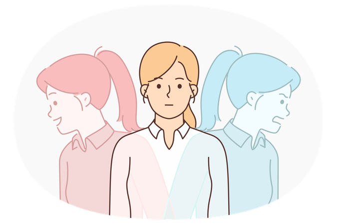 Woman controls own mental state, not wanting to show emotions and needs support of psychotherapist  Illustration
