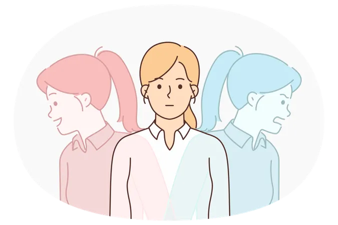 Woman controls own mental state, not wanting to show emotions and needs support of psychotherapist  Illustration