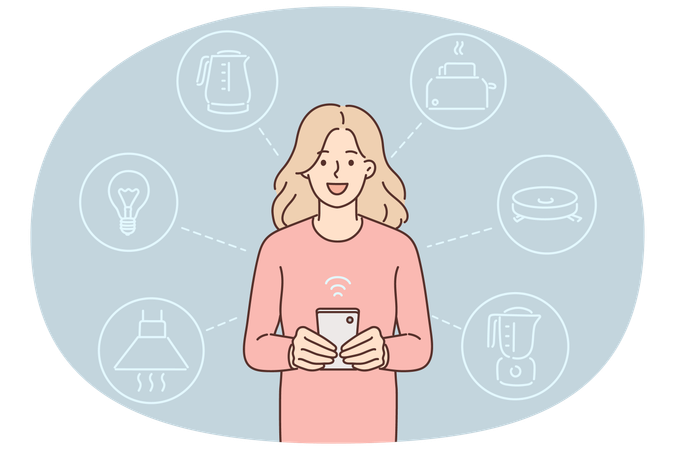 Woman controls smart home system through phone and launches iot devices connected to wi-fi  Illustration