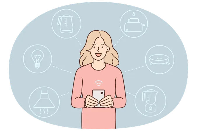 Woman controls smart home system through phone and launches iot devices connected to wi-fi  Illustration