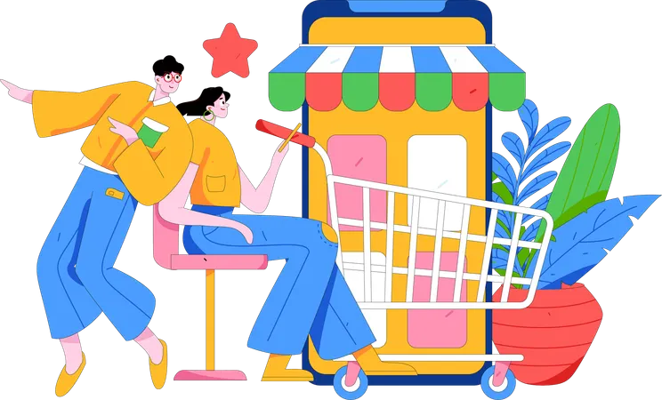 Woman convinces husband for doing digital shopping  Illustration