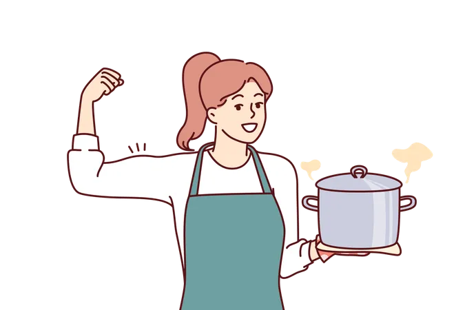 Woman Cook Holds Pot Of Soup And Shows Biceps As Sign Of Pride In Ability To Cook Complex Dish Girl Housewife In Apron Smiles Inviting To Eat Delicious Homemade Food From Healthy Ingredients Illustration
