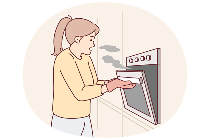 Woman cook opens oven releasing smoke from overcooked meat due to inattention or wrong recipe  Illustration
