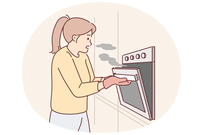 Woman cook opens oven releasing smoke from overcooked meat due to inattention or wrong recipe  Illustration