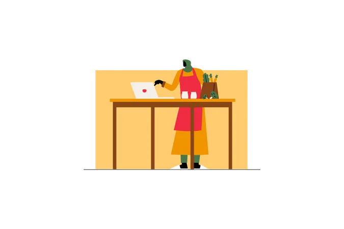 Woman cooking by watching video tutorial  Illustration