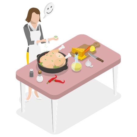 Woman Cooking Chicken and Homemade Diner  イラスト
