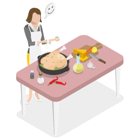 Woman Cooking Chicken and Homemade Diner  Illustration