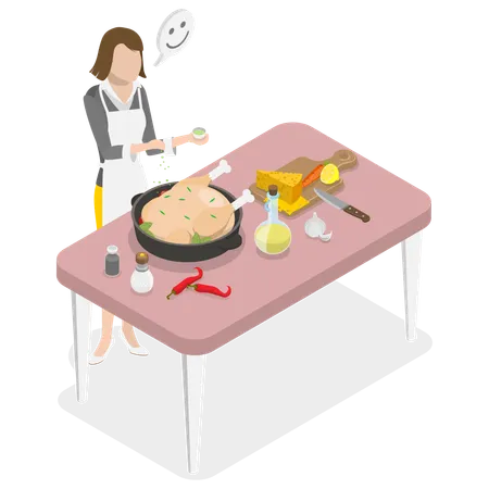 Woman Cooking Chicken and Homemade Diner  Illustration