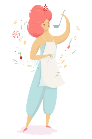 Woman Cooking Dinner Female Chef In Apron Happy Character Preparing Food Isolated Vector Illustration In Cartoon Style Illustration