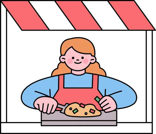 Woman cooking food at food stall  Illustration