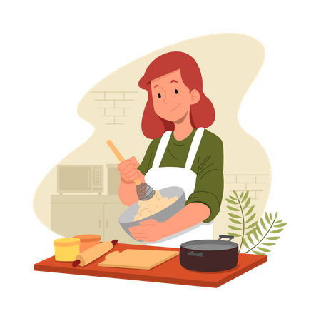 Woman cooking food in kitchen Illustration