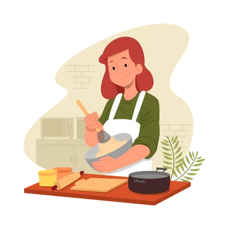 Woman cooking food in kitchen  イラスト