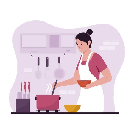 Flat Design Of Woman Cooking Food In Kitchen Illustration For Websites Landing Pages Mobile Applications Posters And Banners Trendy Flat Vector Illustration Illustration