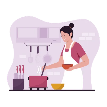 Woman cooking food in kitchen  Illustration