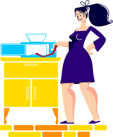 Woman cooking food in microwave oven  Illustration