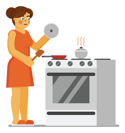 Woman cooking food on cook top Illustration