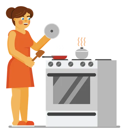 Woman cooking food on cook top  Illustration