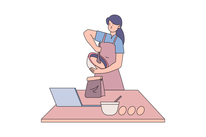 Woman Cooking Guiding By Online Tutorial  Illustration