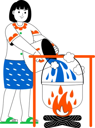 Woman Cooking In A Campfire  Illustration