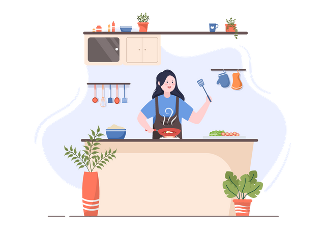 Woman cooking in kitchen Illustration