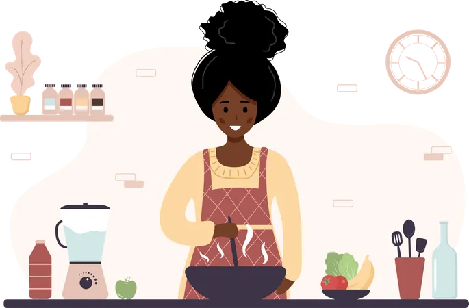 African Woman Cooking In Kitchen Girl Preparing Homemade Meals For Lunch Or Dinner Preparation Homemade Pastry Or Baking Flat Cartoon Vector Illustration Illustration